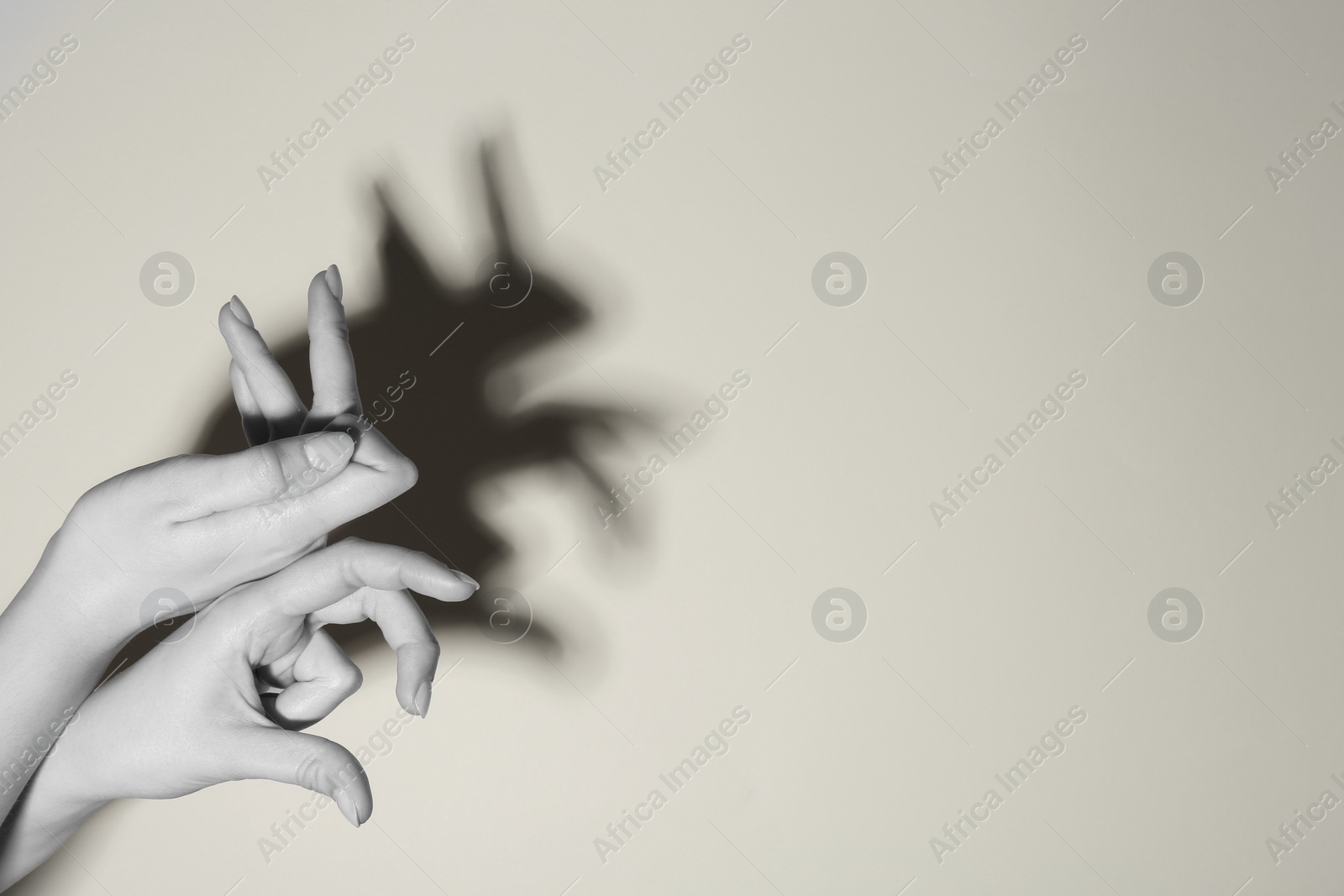Photo of Shadow puppet. Woman making hand gesture like rabbit on light background, closeup with space for text. Black and white effect
