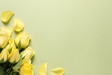 Photo of Beautiful yellow roses and petals on light olive background, flat lay. Space for text