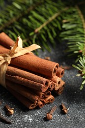 Photo of Different spices. Aromatic cinnamon sticks, clove seeds and fir branches on dark gray textured table, closeup