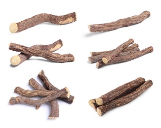 Image of Set with dried sticks of liquorice root on white background 