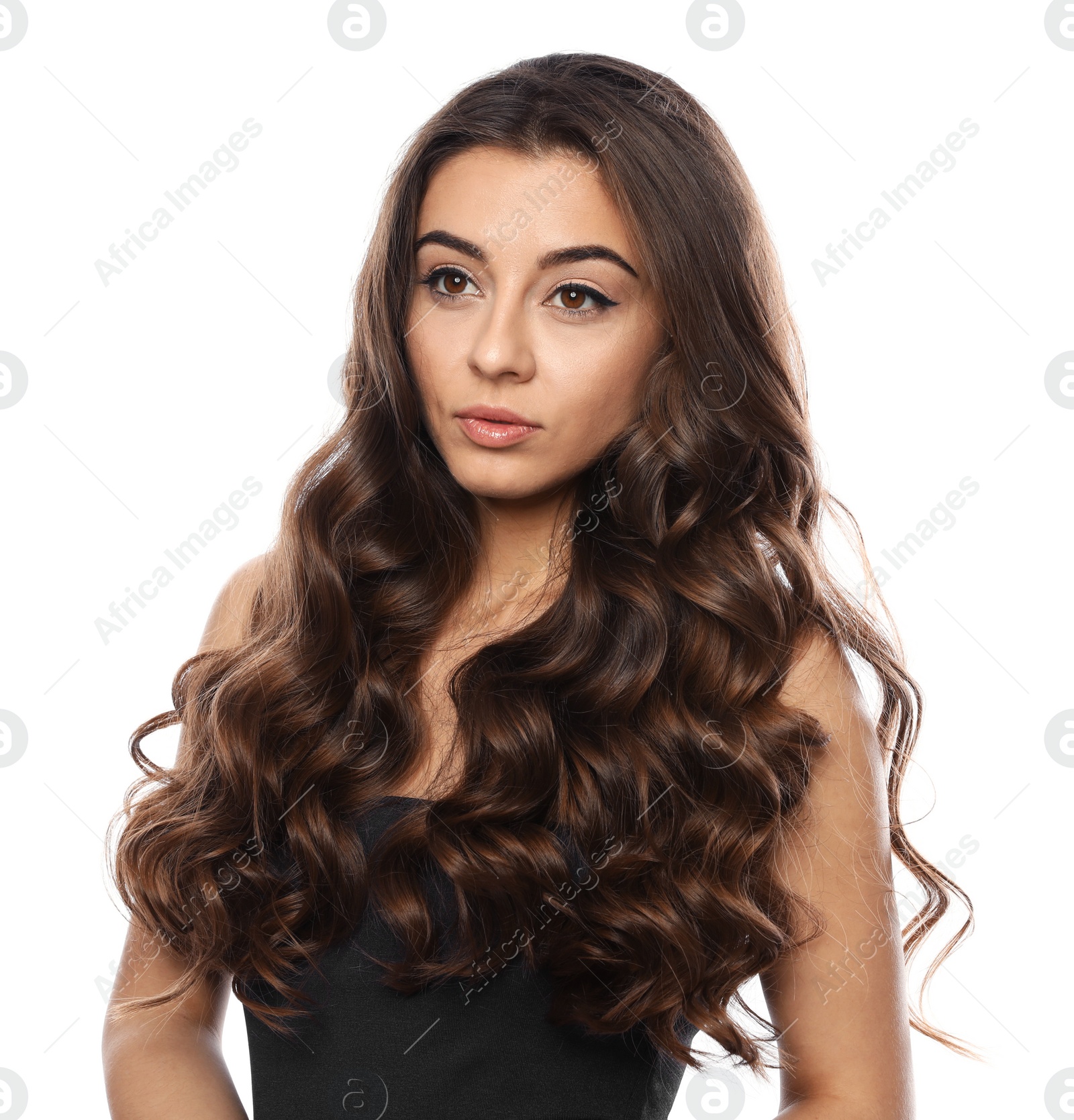 Photo of Beautiful woman with shiny wavy hair on white background