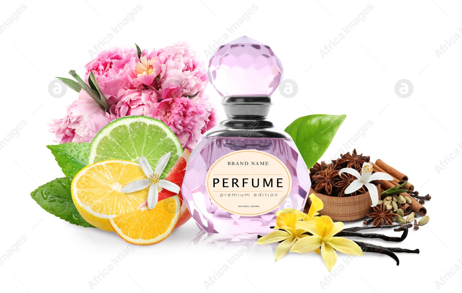 Image of Bottle of perfume, flowers and spices on white background