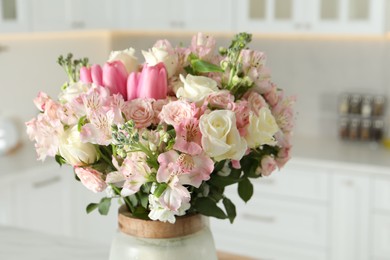 Beautiful bouquet of fresh flowers in vase indoors