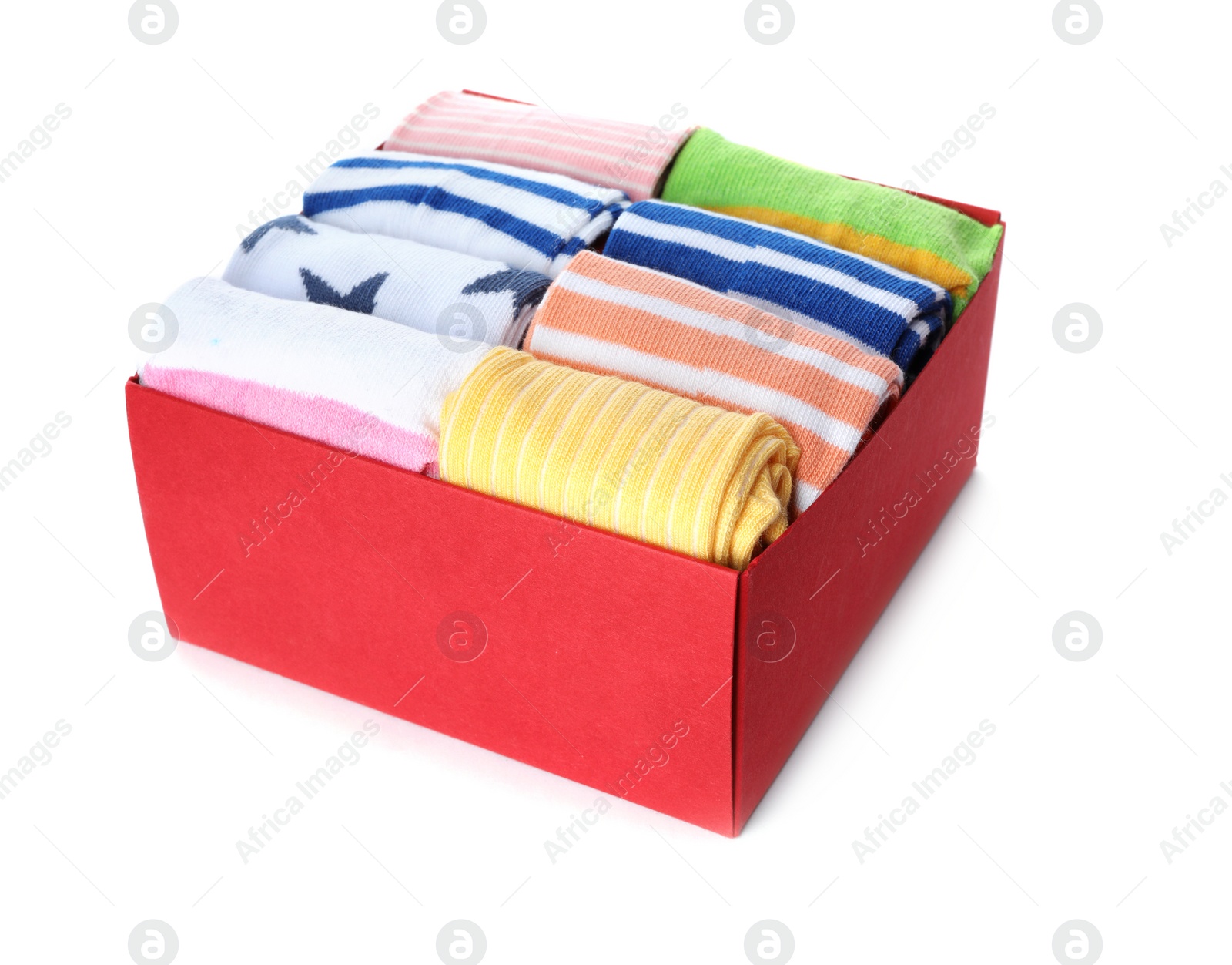 Photo of Box of child socks on white background