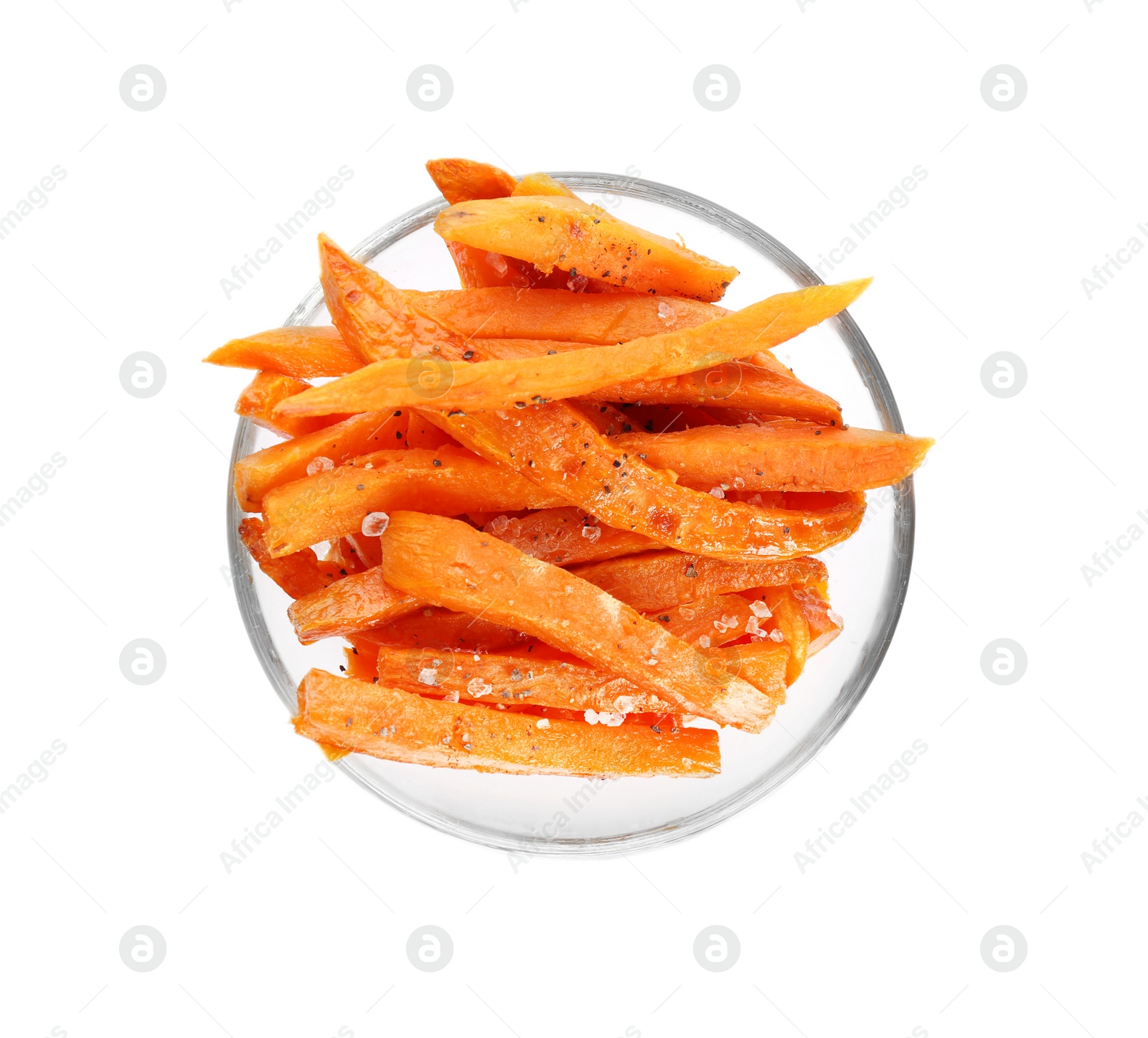 Photo of Glass bowl with tasty sweet potato fries on white background, top view