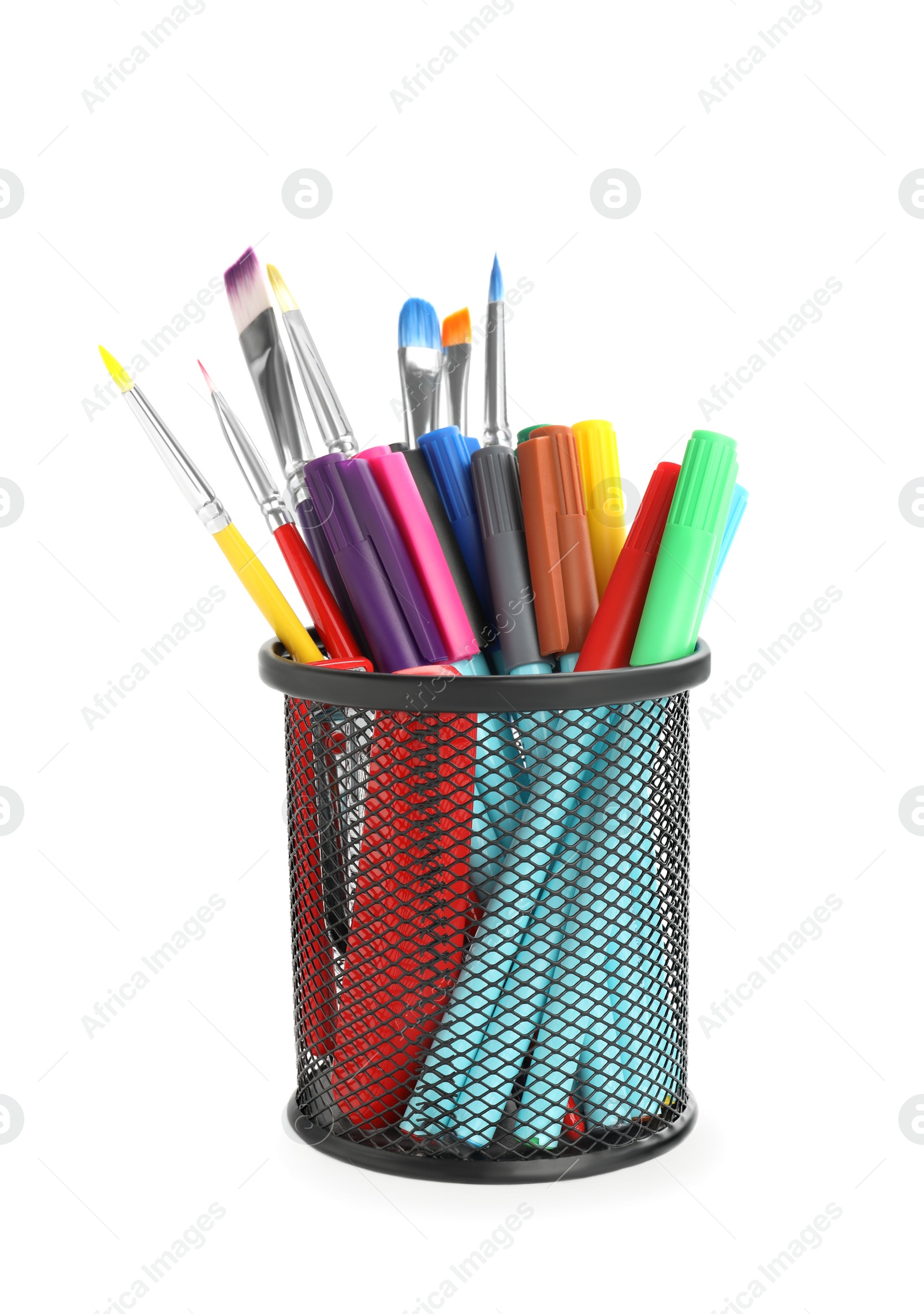 Photo of Pencil holder with felt tip pens and brushes on white background. School stationery