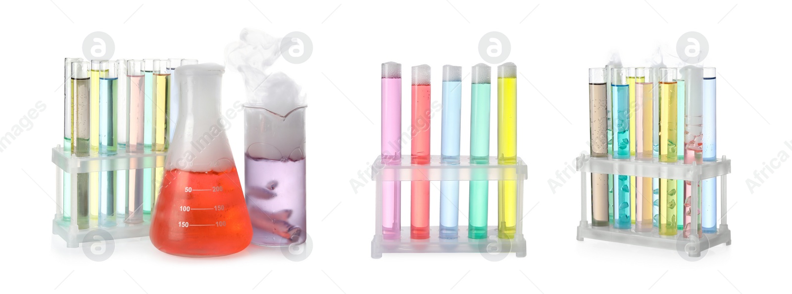 Image of Set of laboratory glassware with colorful liquids and steam on white background. Chemical reaction