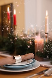 Image of Christmas place setting for festive dinner on table. Bokeh effect
