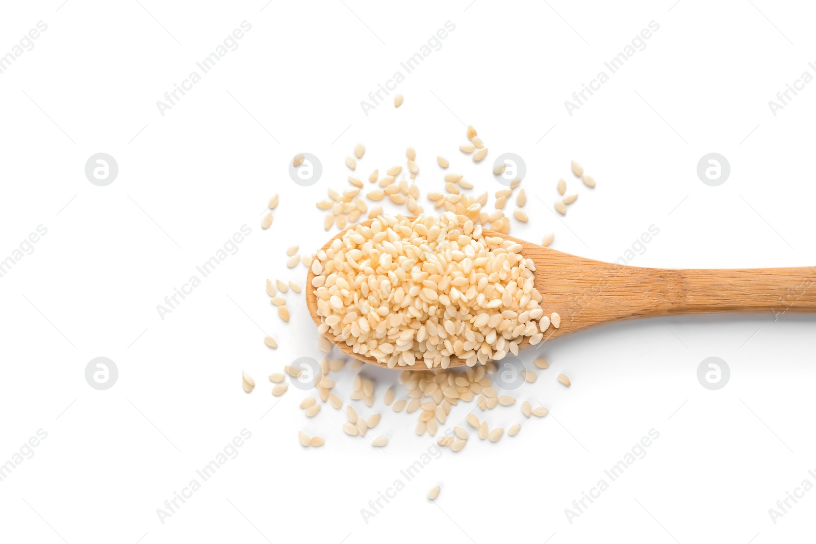 Photo of Wooden spoon with sesame seeds on white background, top view