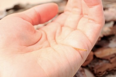 Photo of Woman with splinter in her hand outdoors, closeup