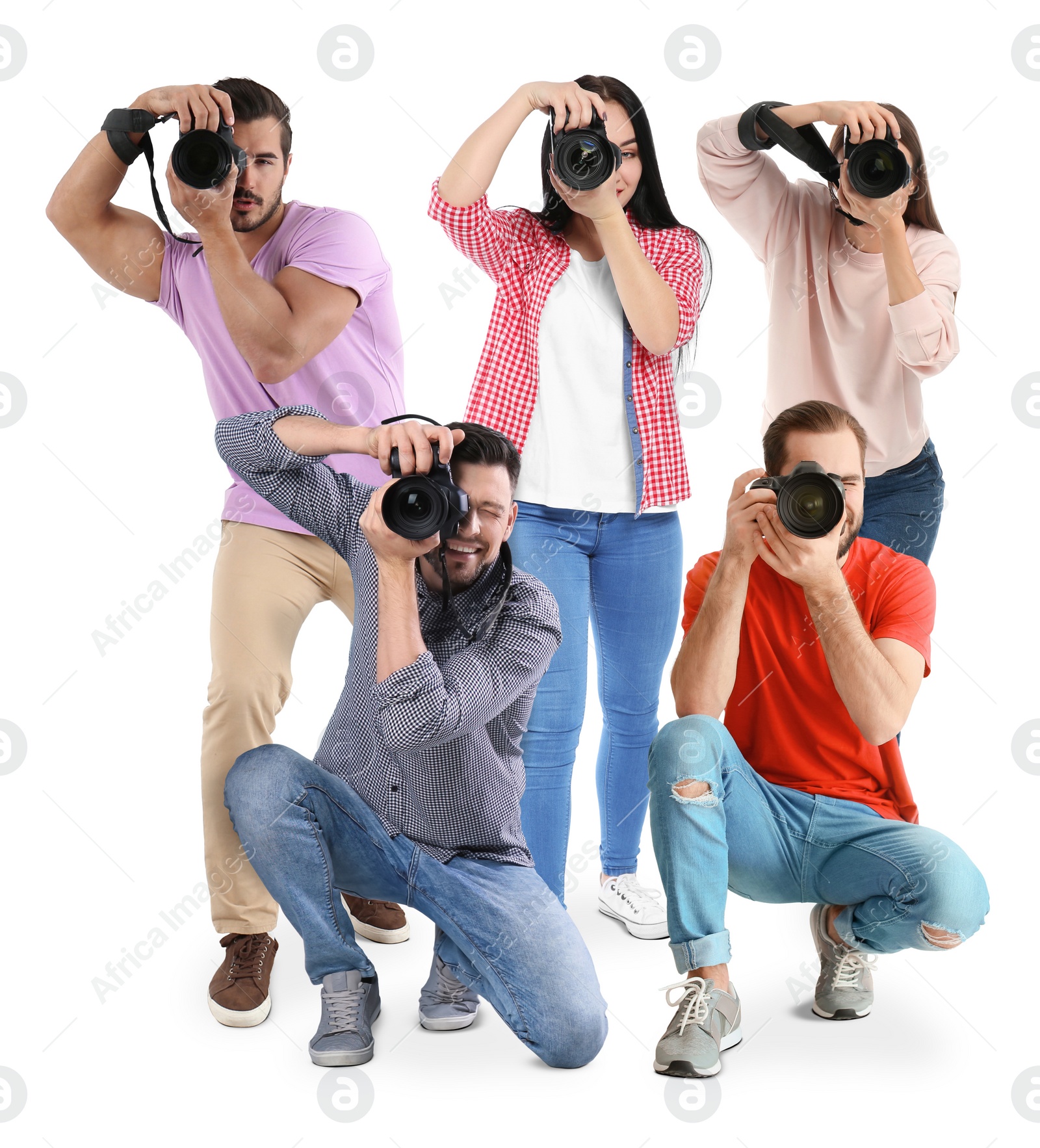 Image of Group of professional photographers with cameras on white background