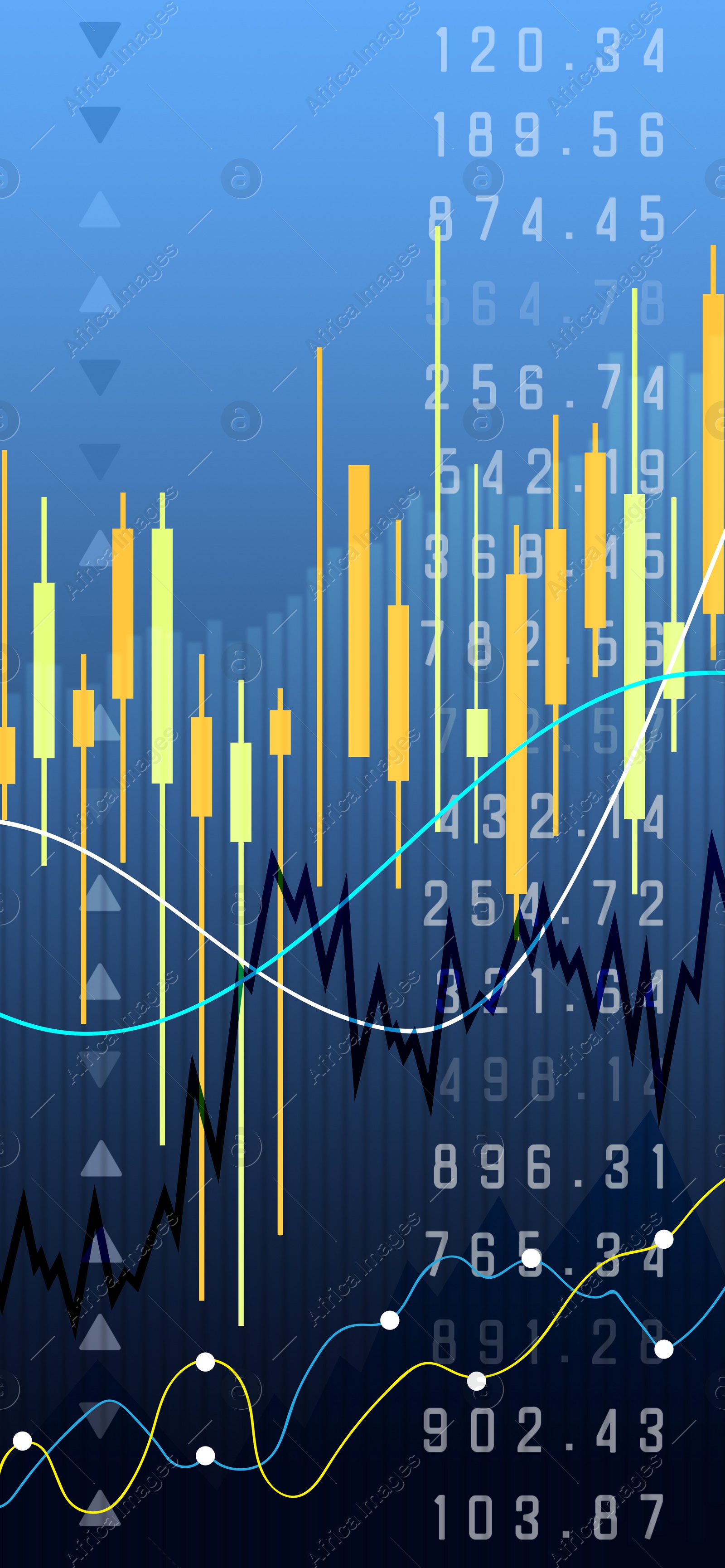 Illustration of Movement of asset price. Market of cryptocurrency / stocks / commodity. Charts, graphs and data on color background