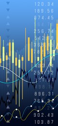 Illustration of Movement of asset price. Market of cryptocurrency / stocks / commodity. Charts, graphs and data on color background