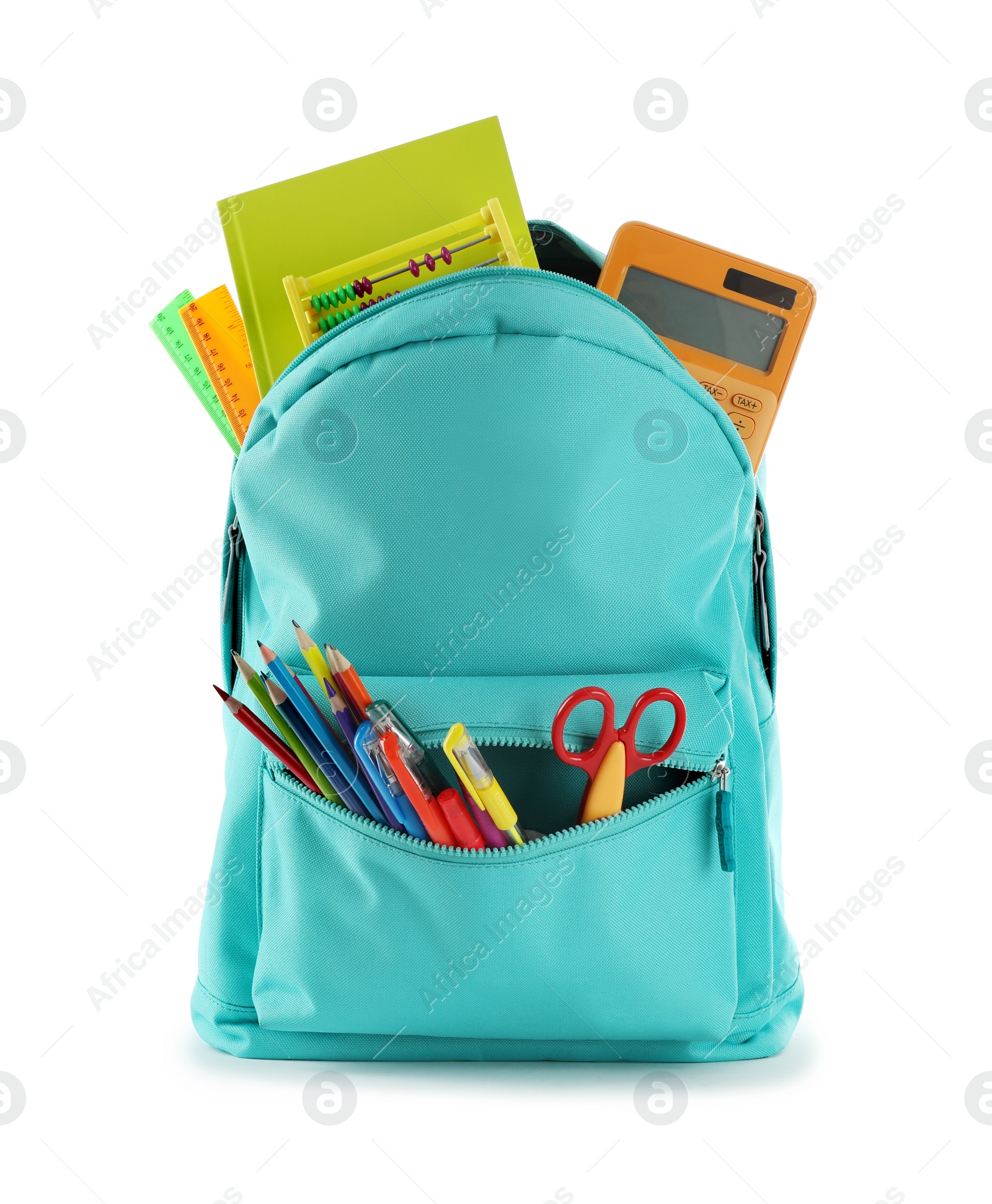 Photo of Bright backpack with school stationery isolated on white