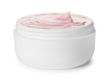 Photo of Jar with hand cream on white background