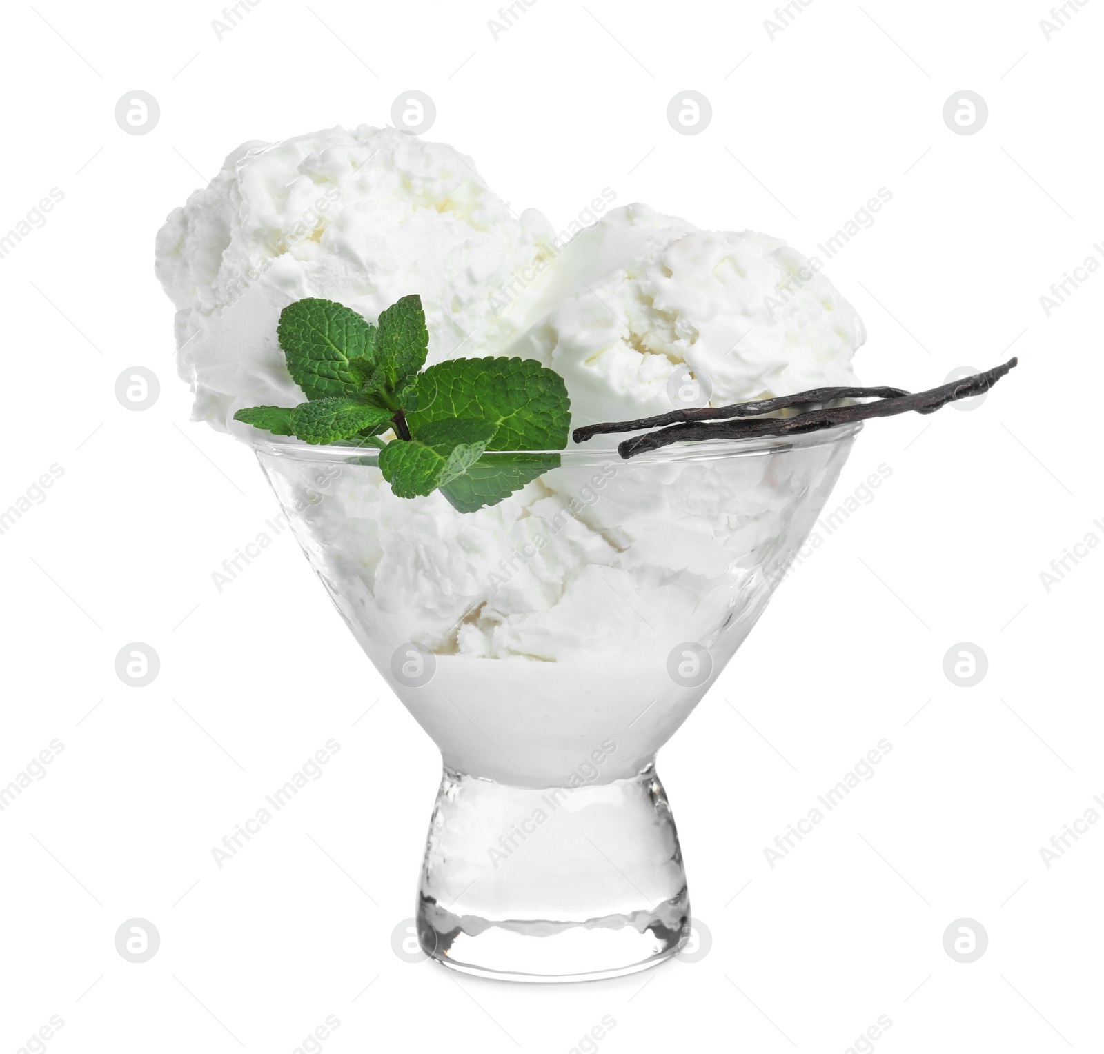 Photo of Delicious ice cream with mint and vanilla in glass dessert bowl isolated on white