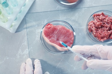 Photo of Scientist injecting liquid into meat sample on table, top view