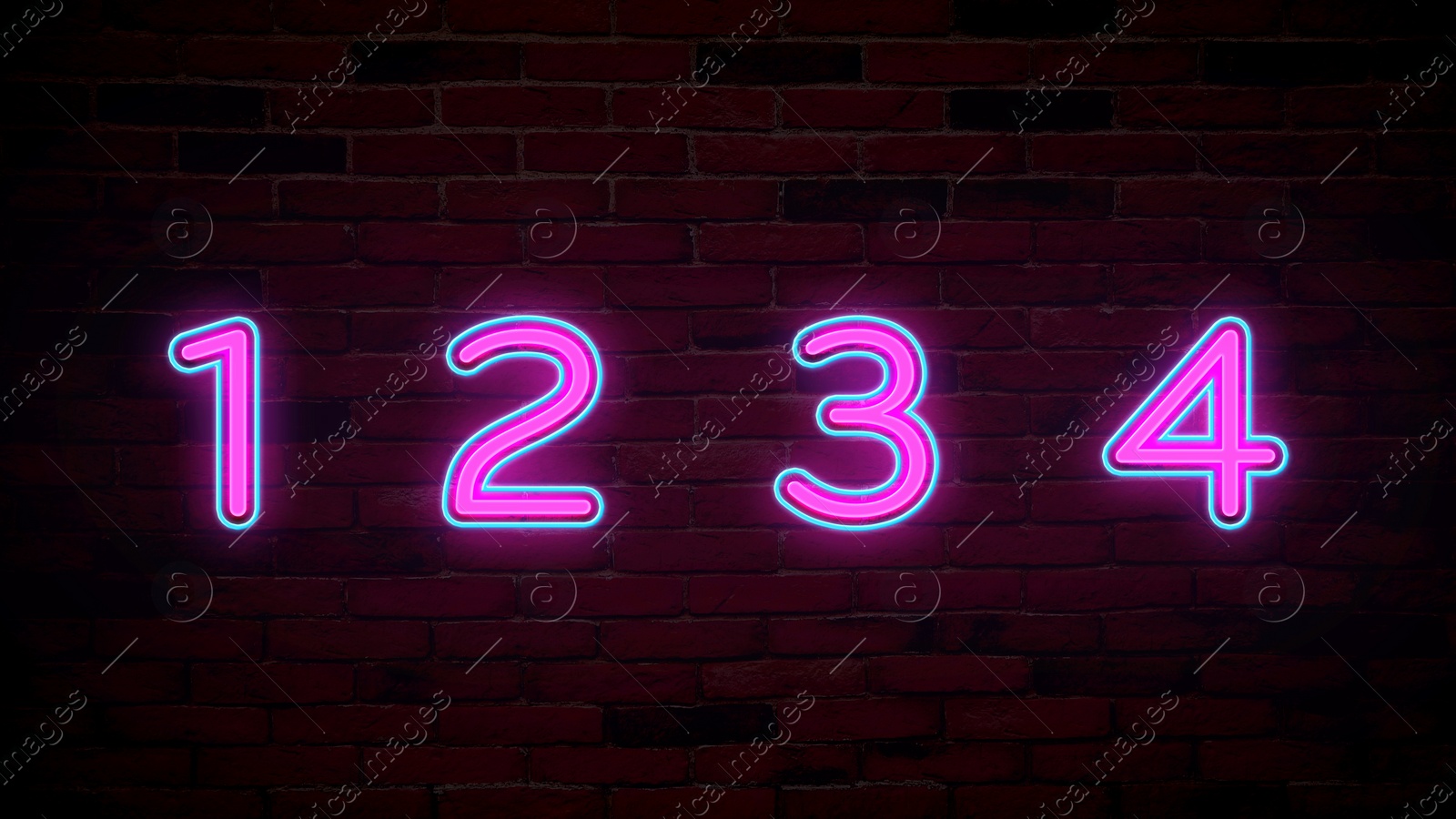 Image of Glowing neon number (1, 2, 3, 4) signs on brick wall