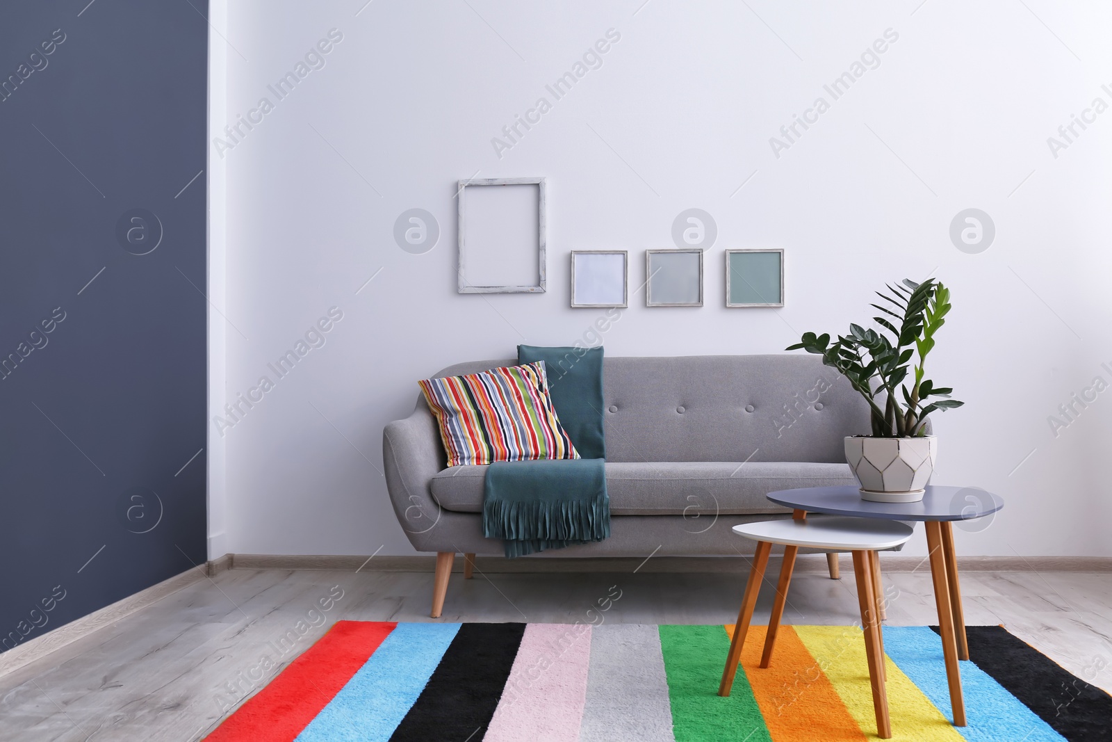 Photo of Elegant living room interior with comfortable sofa. Home design in rainbow colors