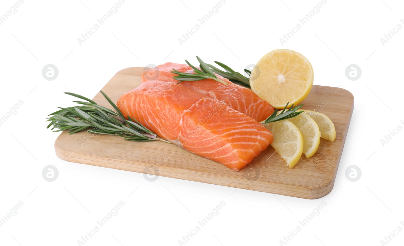 Photo of Pieces of fresh raw salmon, rosemary and lemon slices isolated on white