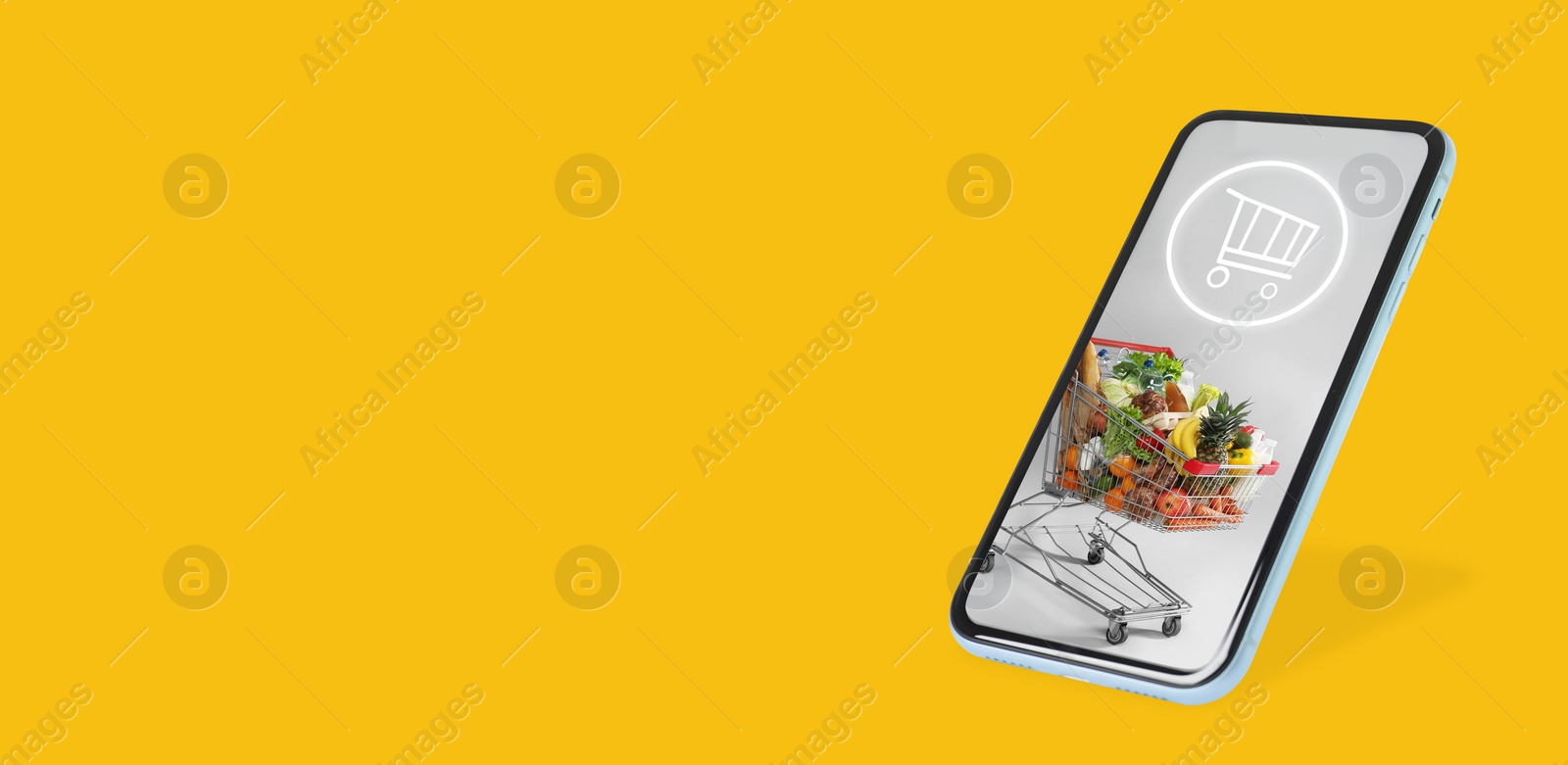 Image of Online purchases. Smartphone with shopping cart icon and trolley full of different products on orange background. Banner design with space for text