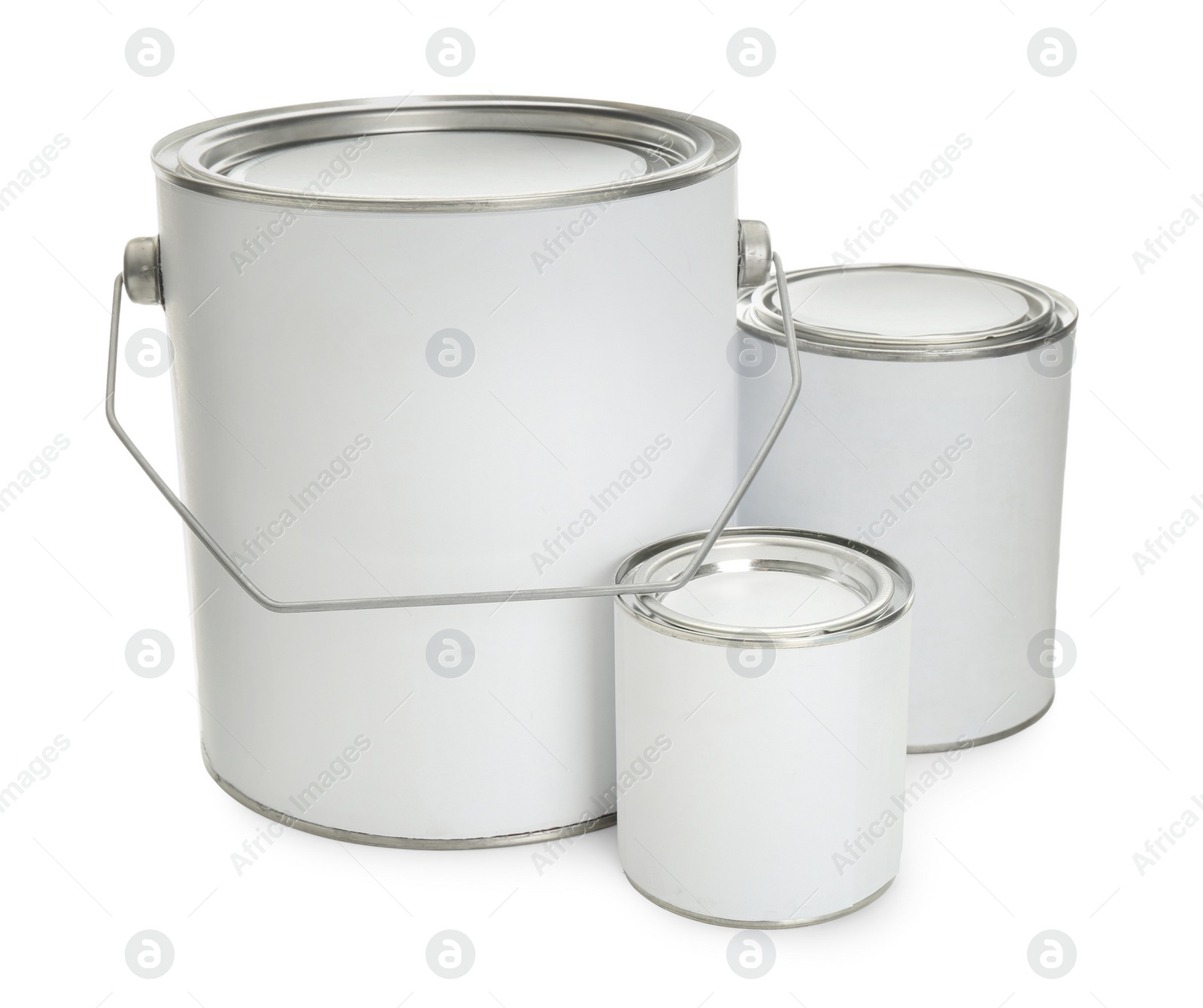 Photo of Closed blank cans of paint isolated on white