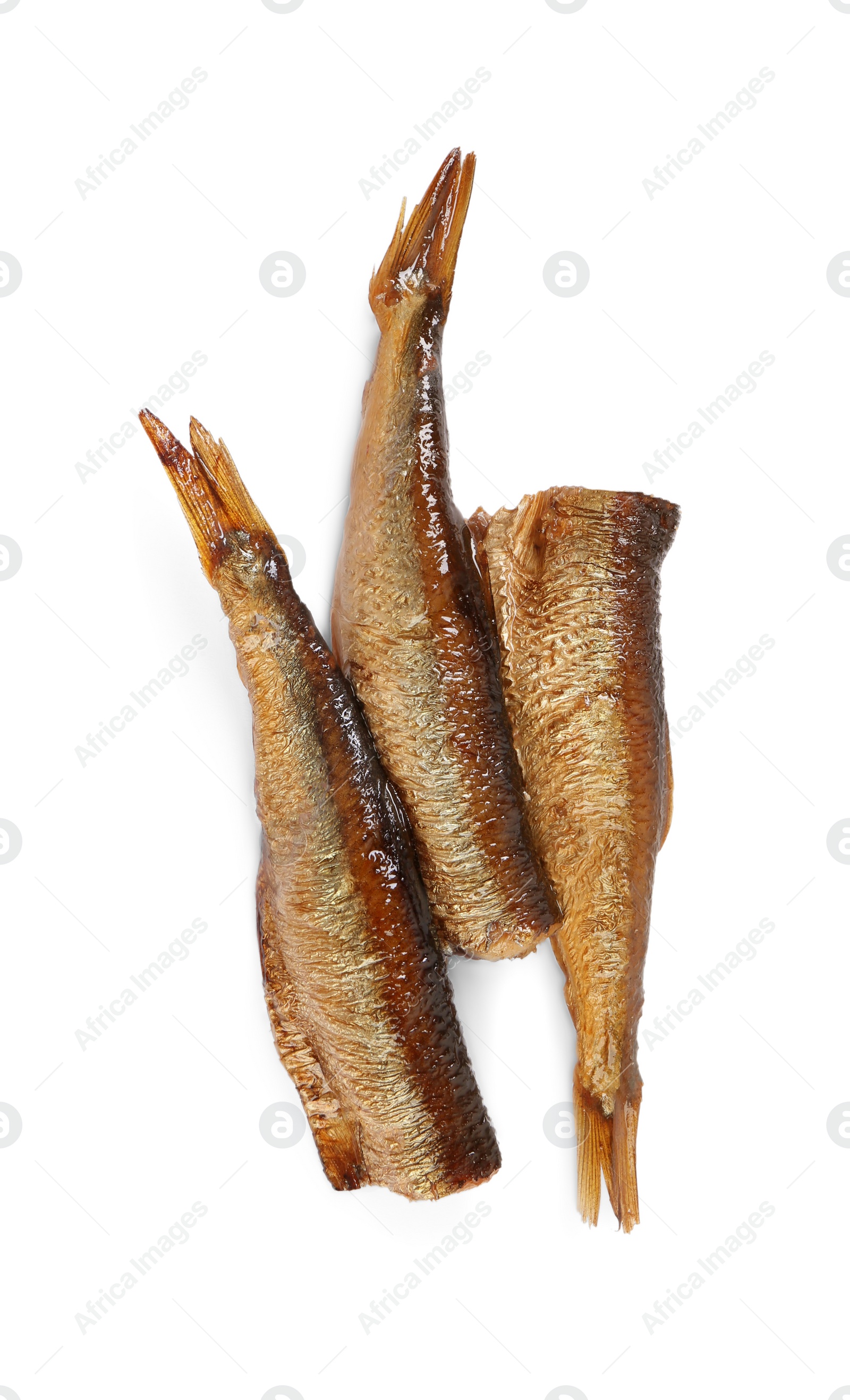 Photo of Many tasty smoked sprats isolated on white, top view