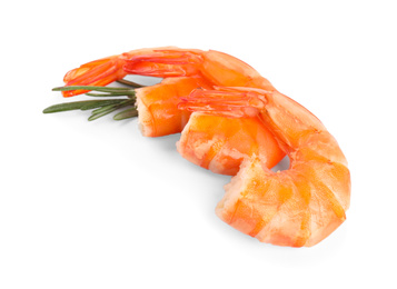 Delicious cooked shrimps and rosemary isolated on white