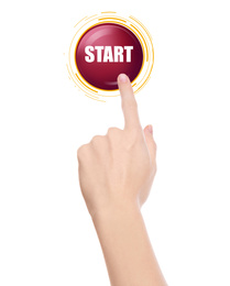 Woman pressing start button on white background, closeup