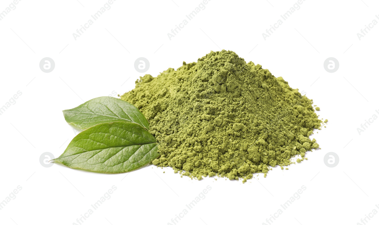 Photo of Pile of green matcha powder and leaves isolated on white