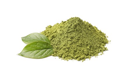 Photo of Pile of green matcha powder and leaves isolated on white