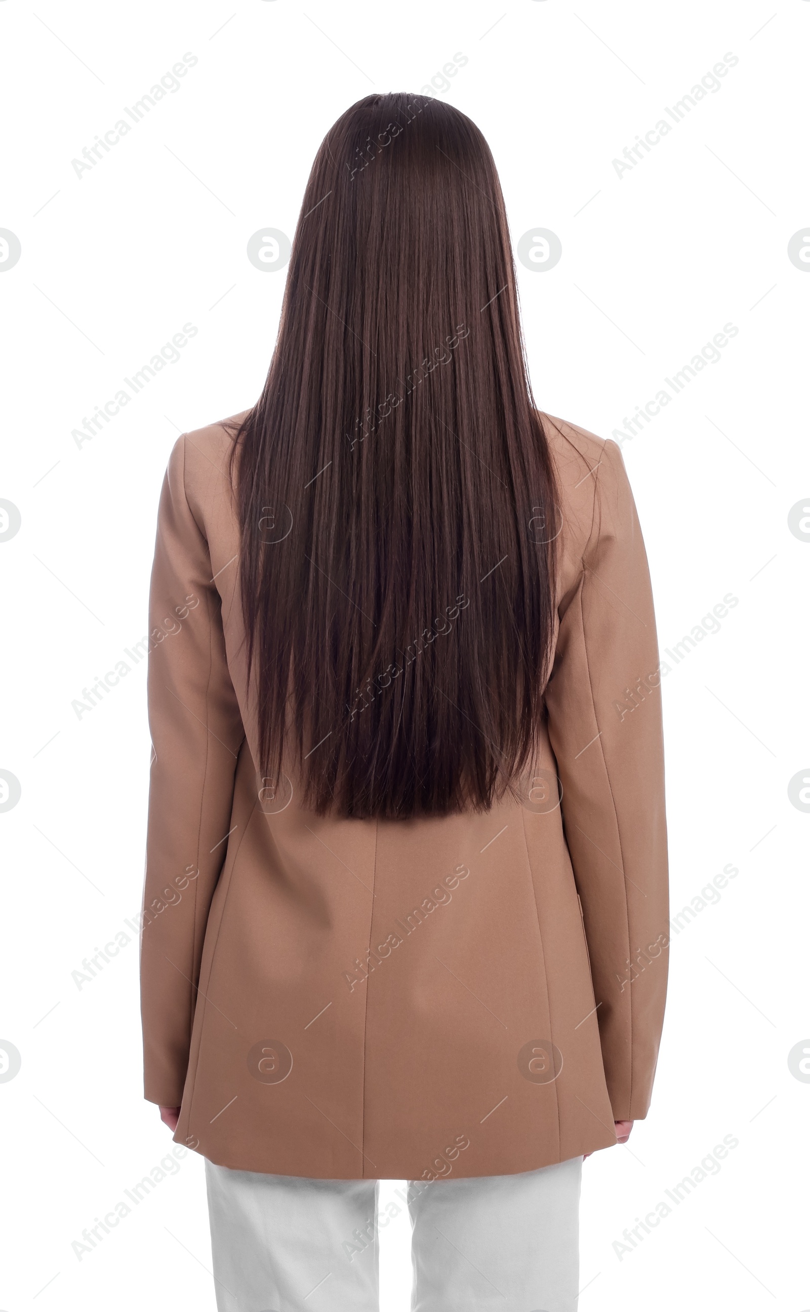 Photo of Businesswoman in suit on white background, back view