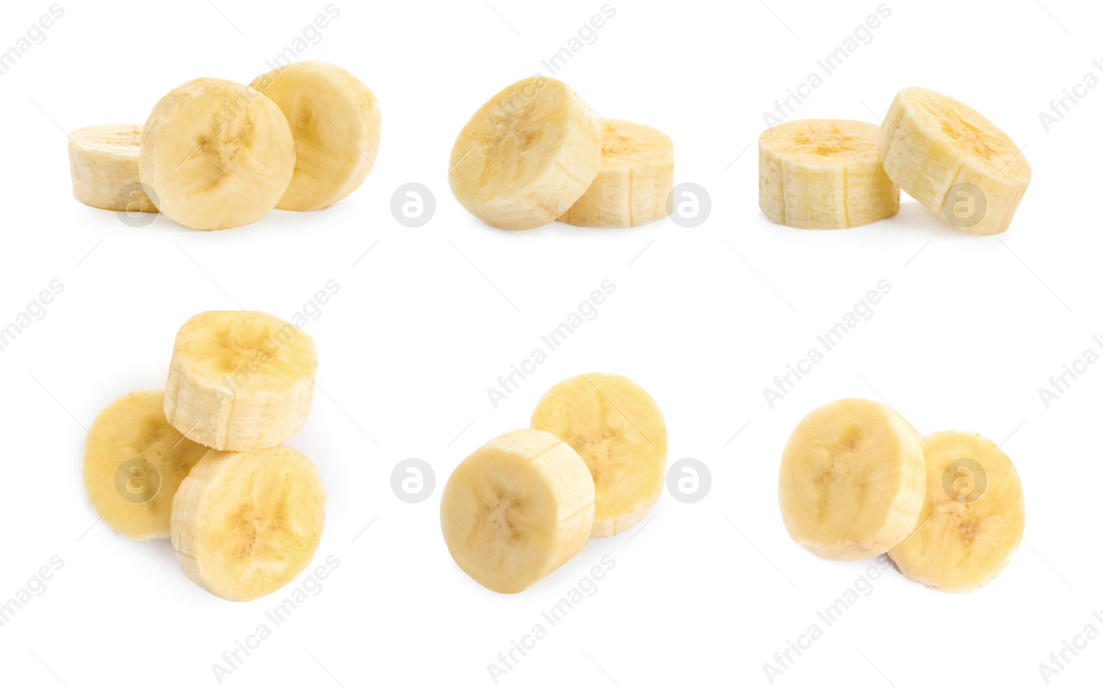 Image of Pieces of tasty ripe banana on white background, collage 