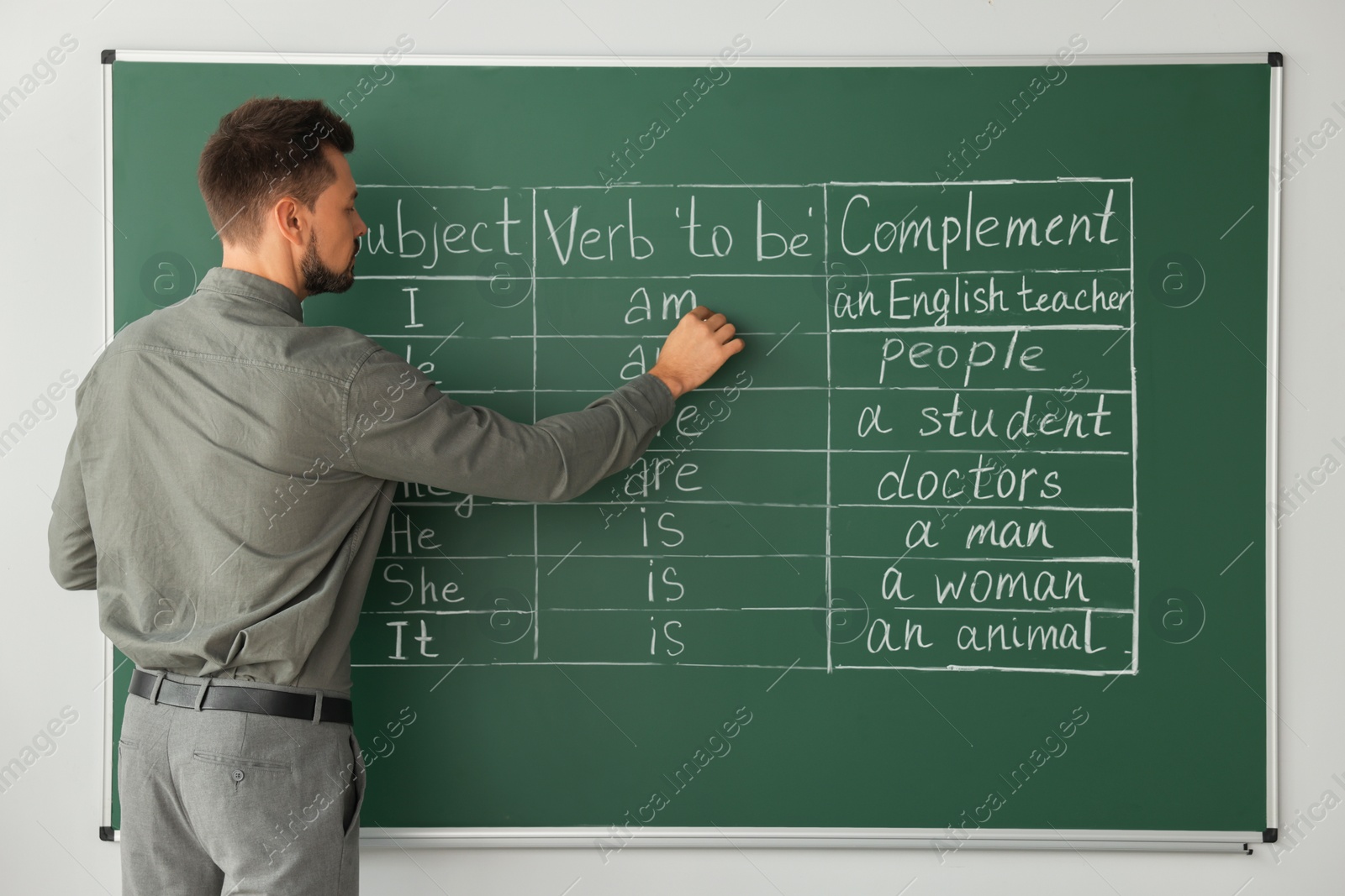 Photo of Teacher explaining English at blackboard in classroom