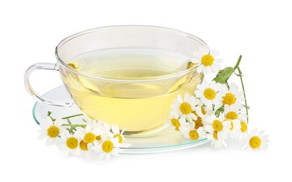 Aromatic herbal tea in glass cup and chamomiles isolated on white