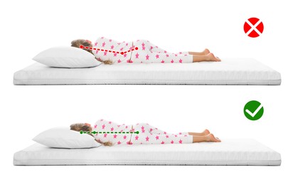 Image of Collage with photos of girl lying on mattress. Wrong and correct sleeping posture. Choose right mattress