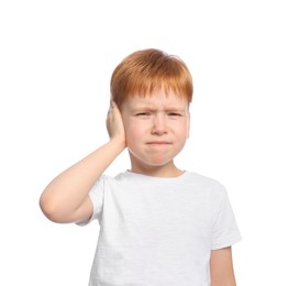 Little boy suffering from ear pain on white background