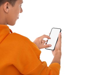 Man using phone with blank screen on white background, closeup
