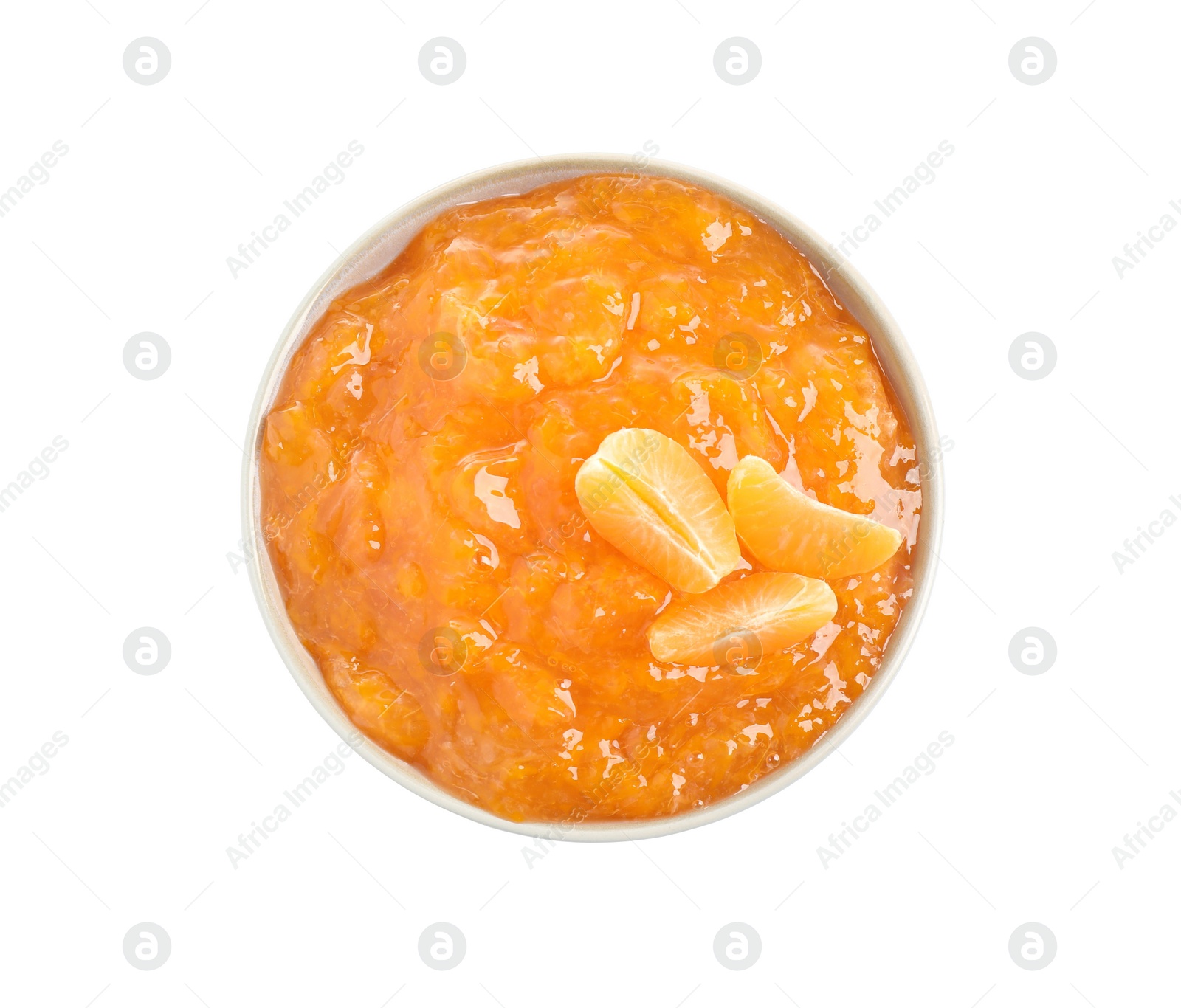 Photo of Tasty tangerine jam in bowl isolated on white, top view