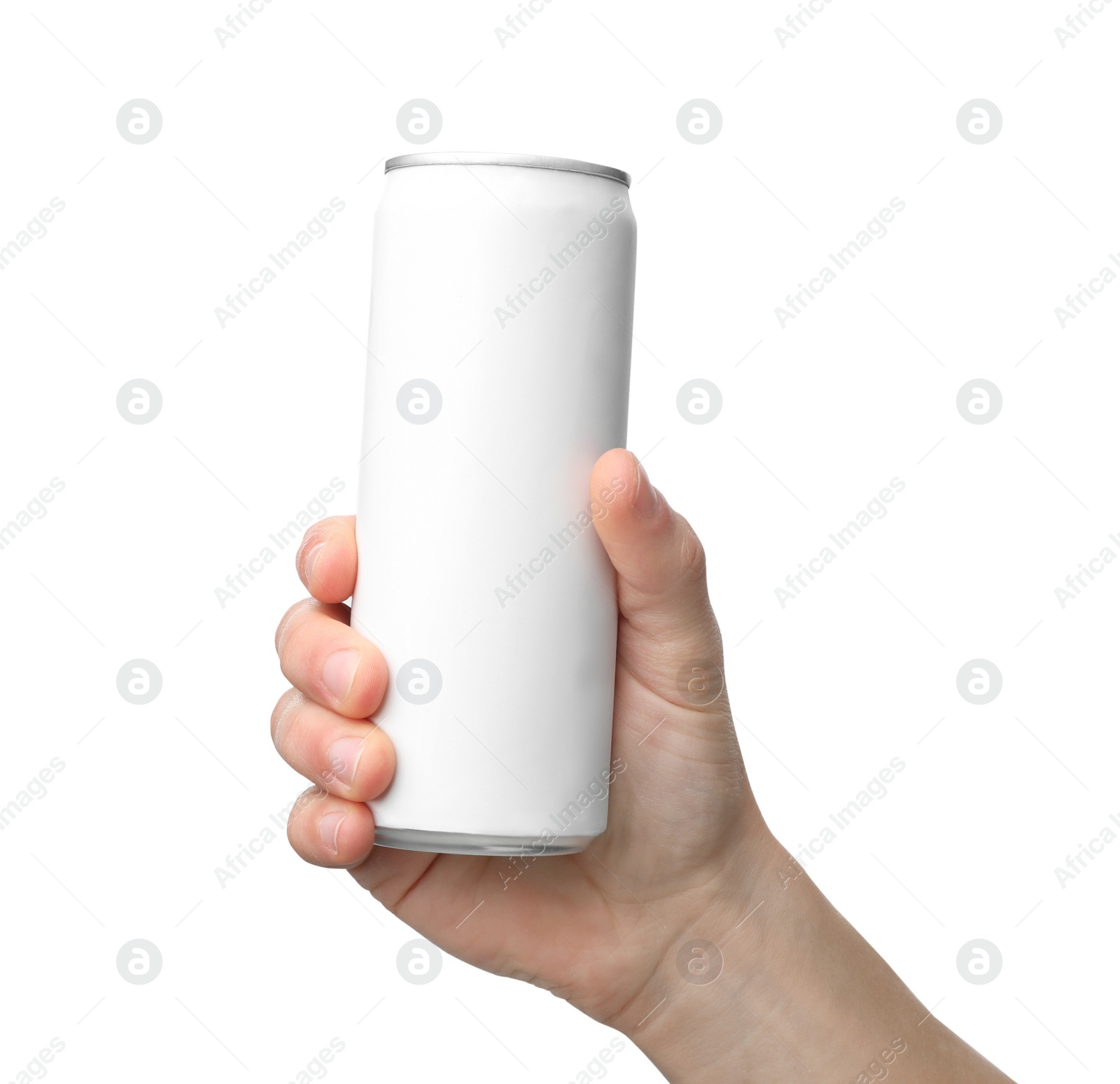 Photo of Man holding aluminum can with beverage on white background, closeup. Space for design