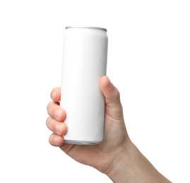 Photo of Man holding aluminum can with beverage on white background, closeup. Space for design