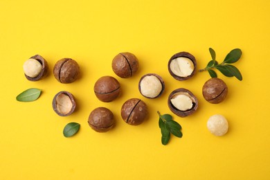 Tasty Macadamia nuts and leaves on yellow background, flat lay