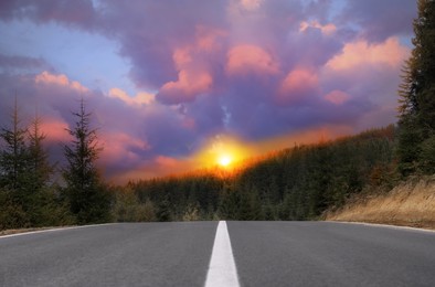 Image of Empty asphalt road and forest at beautiful sunset