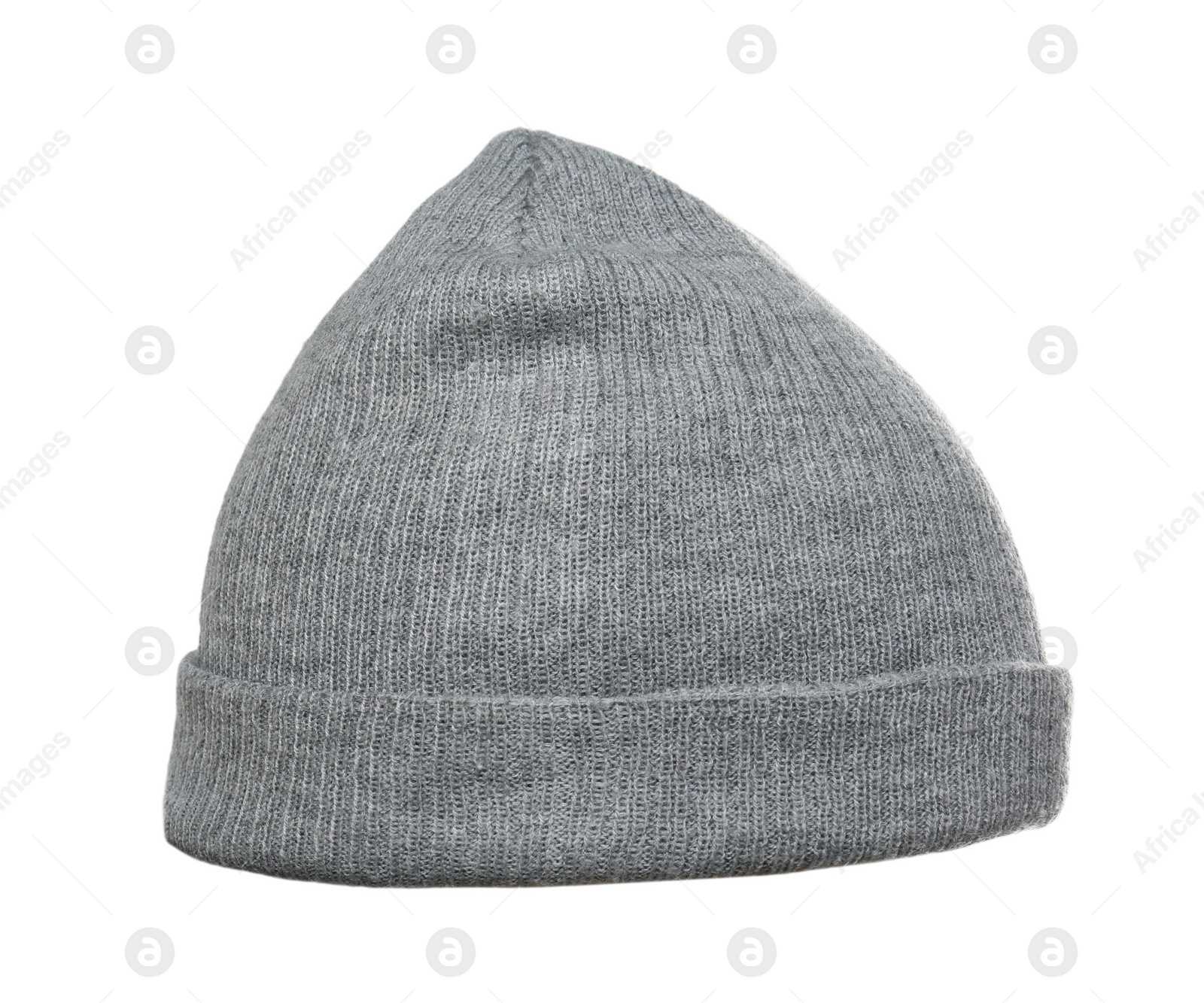 Photo of Woman wearing grey knitted hat on white background, closeup. Winter sports clothes