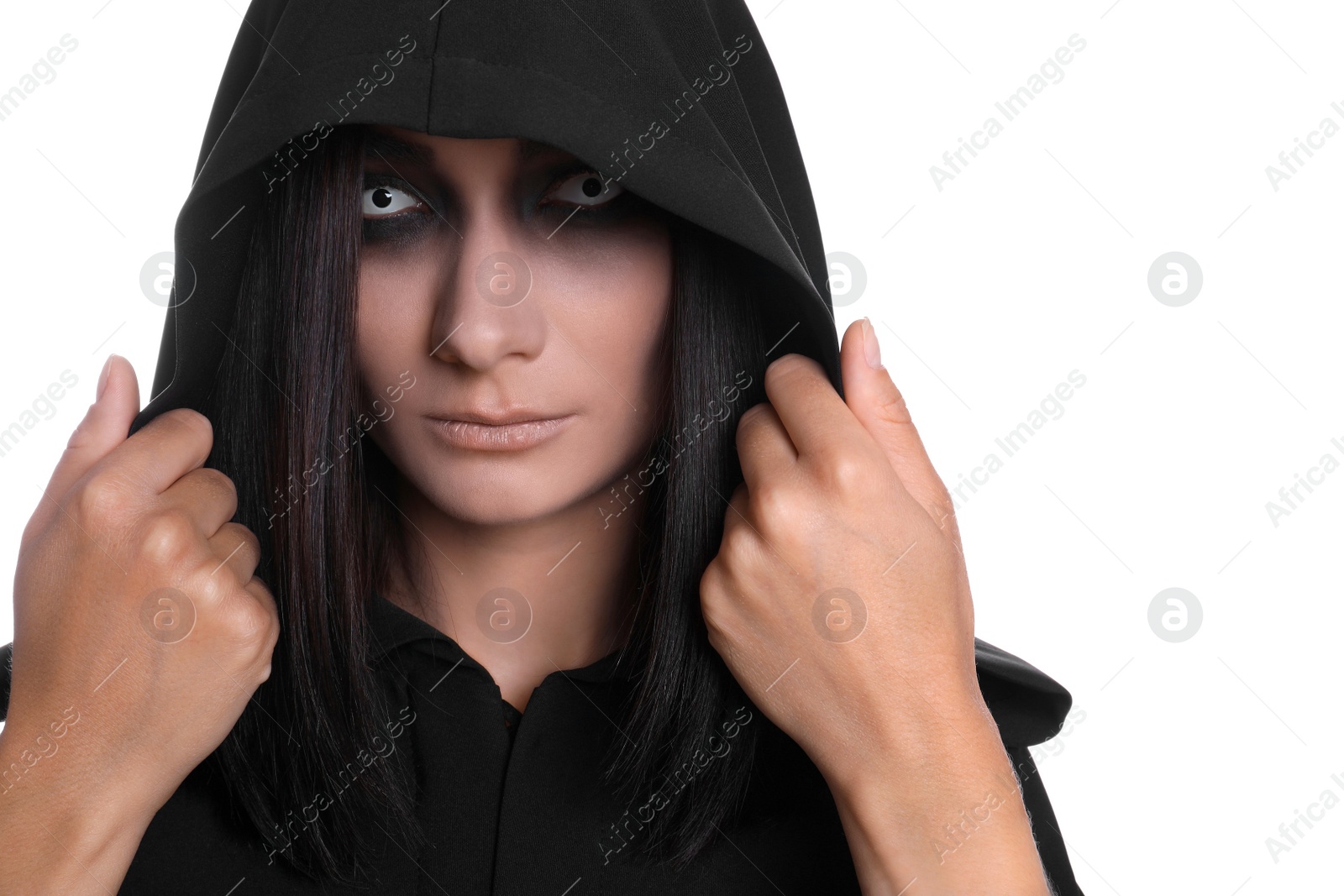 Photo of Mysterious witch with spooky eyes on white background, closeup