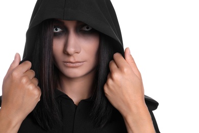 Photo of Mysterious witch with spooky eyes on white background, closeup