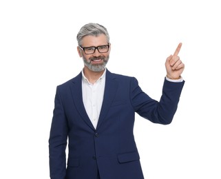 Photo of Mature businessman in stylish clothes posing on white background