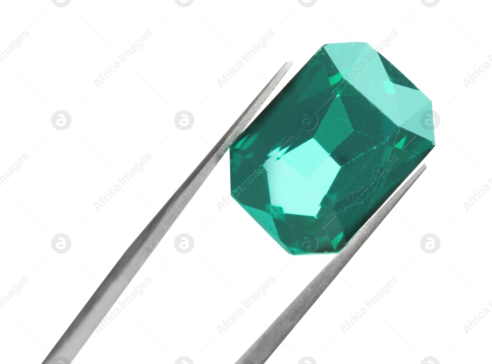 Photo of Tweezers with beautiful gemstone on white background