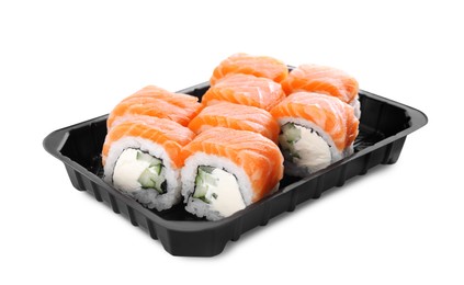 Box with tasty sushi rolls on white background