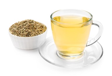 Photo of Aromatic fennel tea in cup and seeds isolated on white